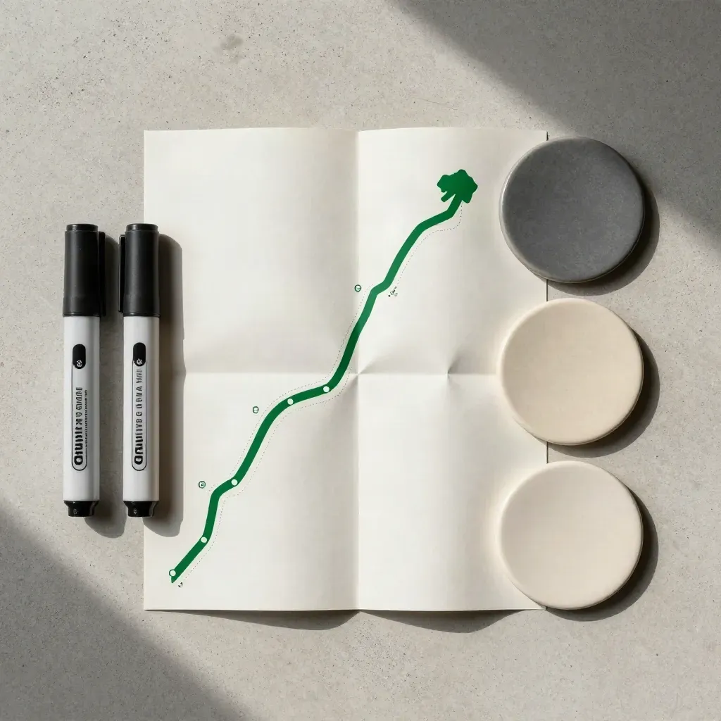 Top-down flat lay of a folded strategy map with green markers and ceramic discs on concrete