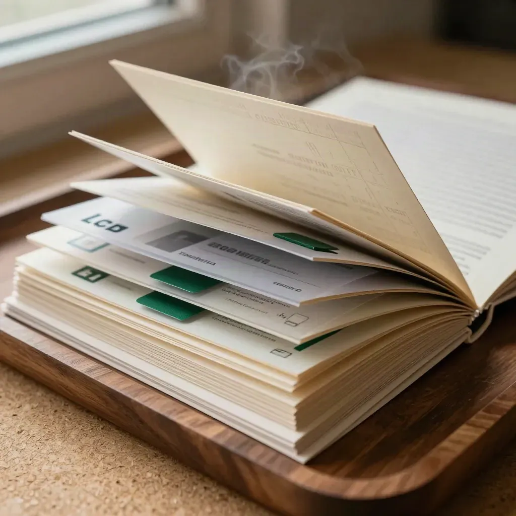 Macro of campaign folios, green tabs, and CRM blocks spilling across a warm wood surface.