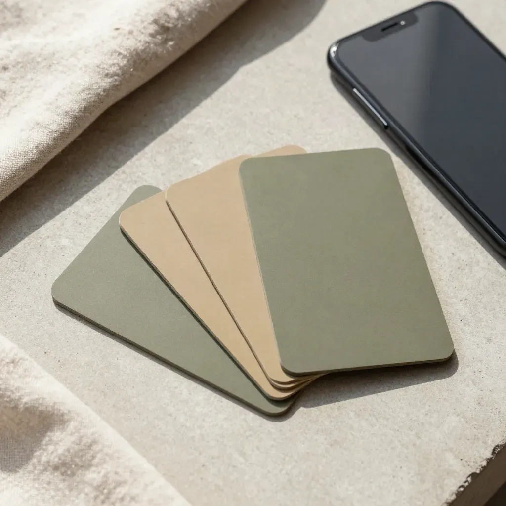 Three outreach cards tied with a black band beside a face-down phone on concrete.