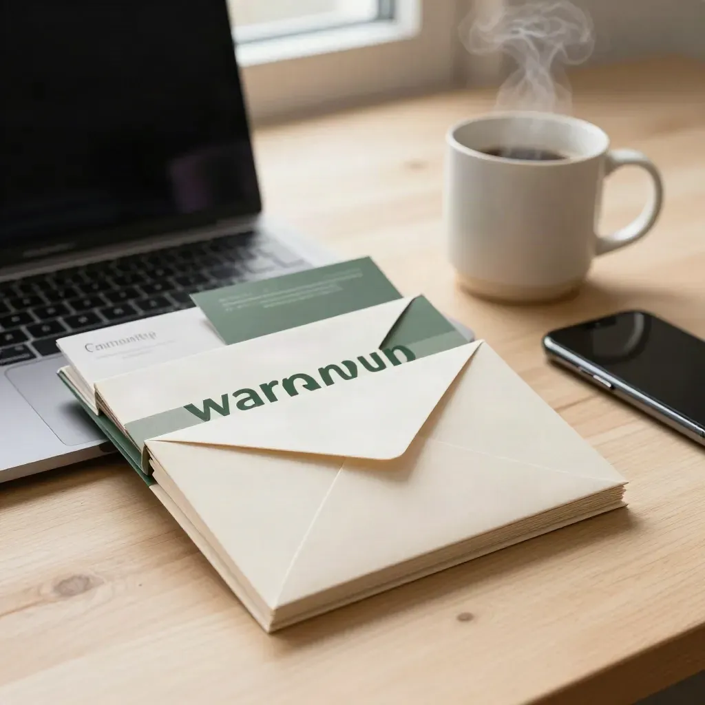 Warmup bundle beside a laptop, mug, and phone on pale wood with steam